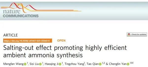 苏大晏成林课题组再发Nature子刊,“盐析效应”促进高效电化学合成氨!